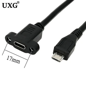 1ft 30CM Micro USB-USB 2.0 Férfi Csatlakozó c-Típusú USB 2.0 Női Hosszabbító Kábel Pályán 17mm csavarokkal Panel szerelő Furat 0,3 m