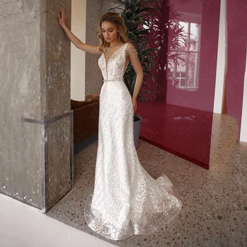 2022 Luxus Esküvői Ruha V-nyakú Flitterekkel Gyöngyfűzés Szárnyak Menyasszony Ruha Hableány Levehető Vonat Menyasszonyi Dreeses Vestido De Novia