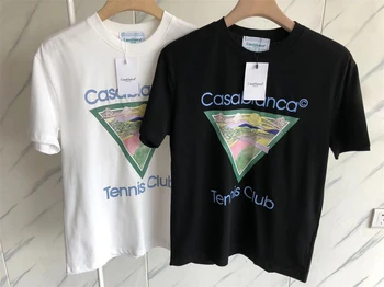 2023SS Tenisz Klub Casablanca Póló Férfi Női Kategória Pamut Hill Nyomtatás, Fekete Fehér Póló Hip Hop Ruházat
