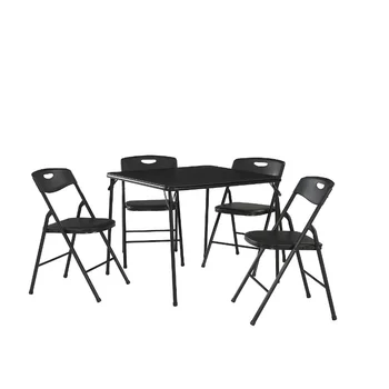 5 Darab Összecsukható Asztal, Szék Szett Acél Váz Fekete