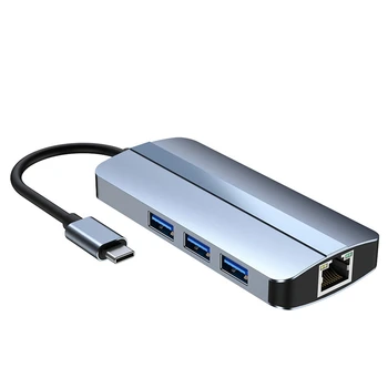 6-In-1 USB C Hub Dokkolóegység C Típusú USB HUB USB3.0 RJ45 1000Mbps SD TF Kártya Olvasó PD 100W Töltő, HDMI-Kompatibilis