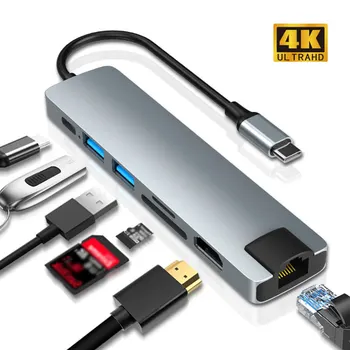 7 az 1-ben USB-C HUB 4K 30Hz Plug&Play Gyorsan RJ45 Ethernet Töltő Port 100Mbps C-Típusú HDMI-kompatibilis Többportos USB 3.0 Adapter