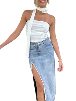 A nők s Nyári pántos felső pánt nélküli Ujjatlan Slim Fit Ruched Bandeau Termés Maximum a Rozetta Sál Streetwear