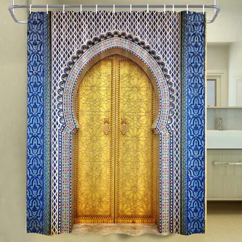 Afrika Funkciók Marokkó Ajtó zuhanyfüggöny Luxus Faragott Minta Golden Gate 3D Fürdőszoba Dekorációs Kiegészítők Szövet Függöny