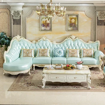 Az európai stílusú nappali fény kék tömör fából faragott valódi bőr sarok kanapé