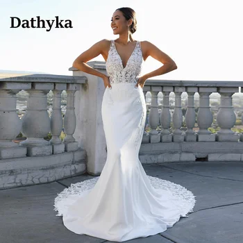 Dathyka Luxus Backless Sellő Esküvői Ruha Női V-nyakú, Ujjatlan Appliqués Esküvői Ruhák Vestidos De Novia Brautmode