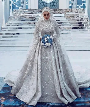 Dubai Esküvői Ruhák Menyasszonyi Ruhák 2023 Luxus Szaúd arab Csipke Egy-line Magas Nyakú Muszlim Csillogó Flitteres Hosszú Ujjú Ruha