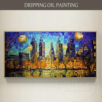 Festő, Kézzel festett, Minőségi Absztrakt Chicago Éjszakai Városkép olajfestmény, Vászon Chicago Felhőkarcolók Olaj Festmény