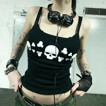Gótikus Emo lány Kombiné Felső Koponya Grafikus Nyomtatott a Grunge Crop Top Y2k Ruha Vintage Punk Női Fűző Tartály Tetején Baba Póló