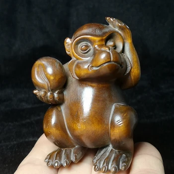 H 7 CM-es Kínai fa Puszpáng Kézzel Faragott Állat bájos majom Ábra Szobor faragvány asztal Dekoráció ajándék Gyűjtemény