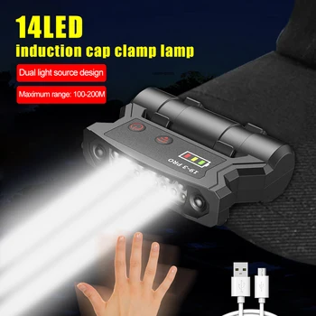 Indukciós Fényszóró COB LED Fényszóró-érzékelő usb újratölthető 14LED fehér sárga fény elektromos kijelző halászati kalap clip led