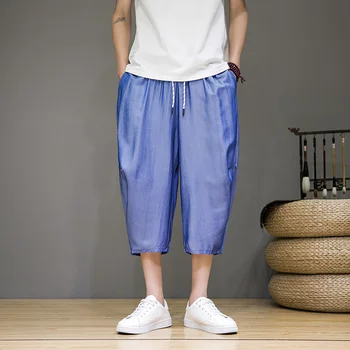 Japán Stílusú Nyári Új Emberek Borjú-hossza Hárem Nadrág Vékony Jég Lélegző Alkalmi Széles Láb Nadrág Harajuku Férfi Hip-Hop Streetwear
