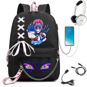 Kimetsu Neko Yaiba anime iskola táskák a tinédzser lányok usb töltés iskolai hátizsák Akaza démon vadász szeme manga iskola táskák