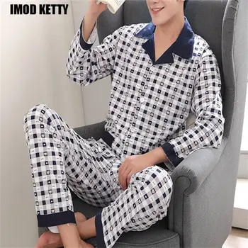 Koreai Hálóruházat Pizsamás Férfi Homewear Társalgó Ruha Nyári Alkalmi Kockás Hajtóka Hosszú Ujjú Nadrág Pamut Pizsama Szett Férfiak