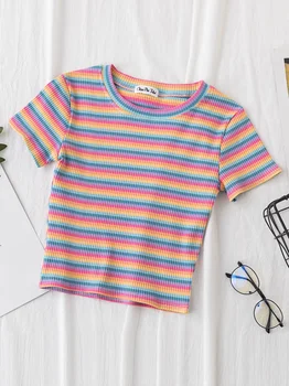 Nyári Rövid Ujjú koreai T-shirt feminina Ruhák Felsők Új Póló Nők Szivárvány Csíkos Felsők Slim Fit póló Harajuku Tshirt