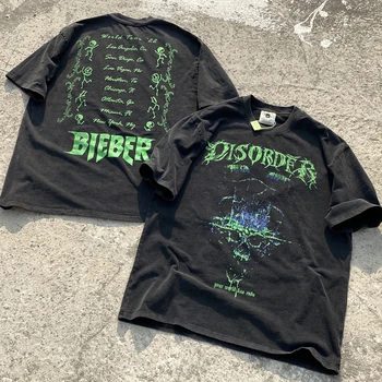 Nyáron Új Justin Bieber T-shirt Nehéz Súly Öreg Vízzel Mossa le Művészeti High Street Rövid Ujjú Felső Póló Pár Sleeve T-Shirt