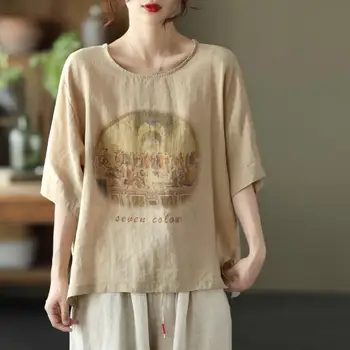 Pamut Ágynemű Pólók Női Művészet Retro Nyomtatott Pulóver póló Divat Alkalmi, Laza, Rövid Ujjú Felsők Nyári Trend Vékony Tshirt