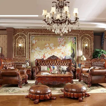 ProCARE Európai stílusú valódi bőr ülőgarnitúra szett kanapé fafaragás nappali bútorok