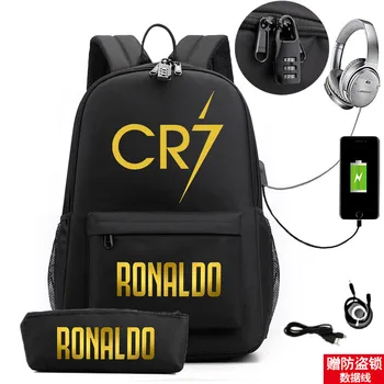 Ronaldo nyomtatott hátizsák alkalmi diák, iskola táska, usb táska zár szabadtéri utazótáska táska tolltartó