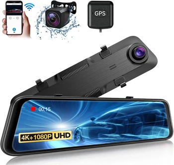 Tükör DVR Fekete Doboz Autó gumiabroncs Visszapillantó Tükör 4K WIFI, GPS, Autó, Videó Felvevő Autó Visszapillantó Tükör, 2-In-1 Dash Cam 12 Inch