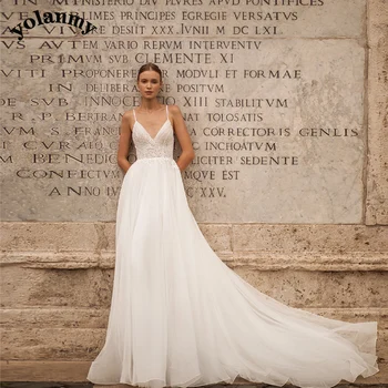 YOLANMY Elbűvölő Hevederek Esküvői Ruhák Mariages Backless V-Nyak Ránc Appliqués Vestido De Casamento személyre Szabott