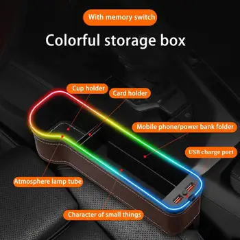 Új Autó Hasadék Tároló Doboz 2 USB Töltő, Színes LED Ülés Rést Vágott Zseb Ülés Szervező Kártya Telefon Üveg Poharak Jogosultja